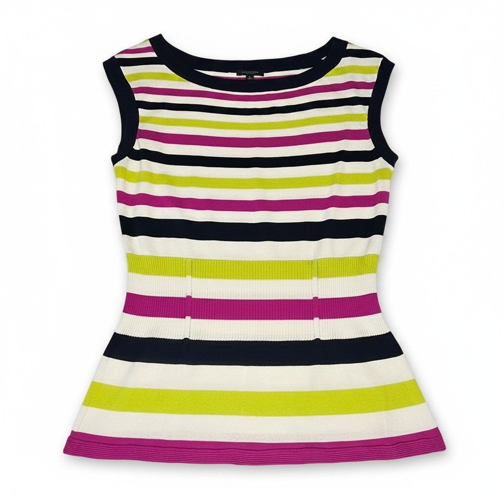 Ann Taylor Striped Knit Shell Top Sleeveless Boat Neck Navy Green Pink Small